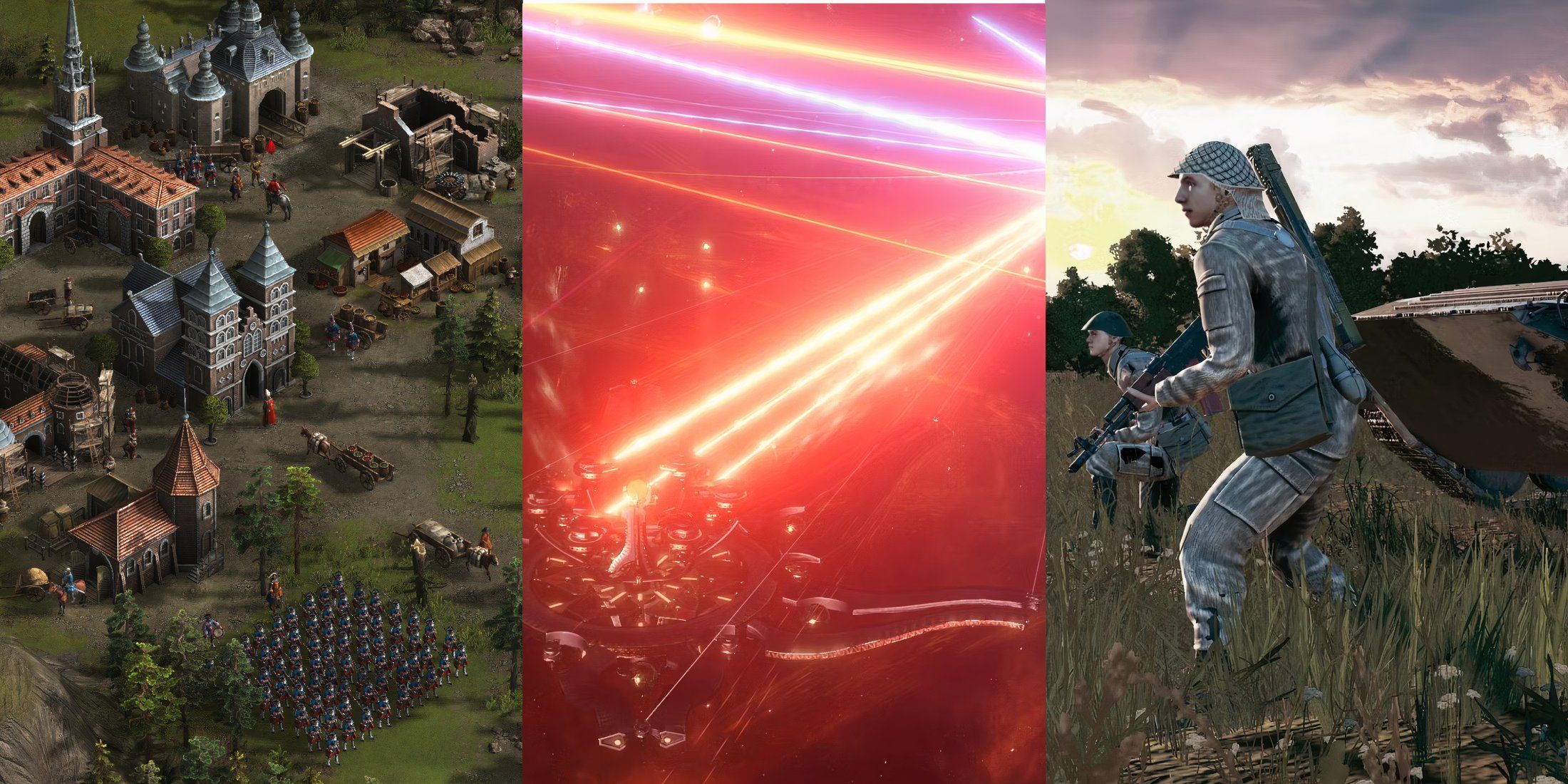 A collage featuring Cossacks 3, Stellaris, Warno