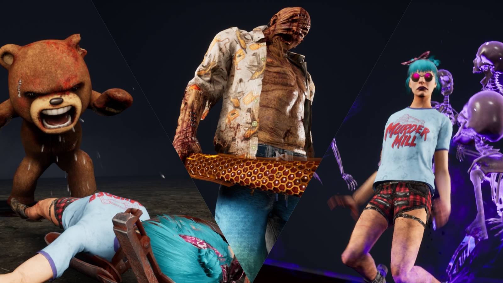 Naughty Bear shouting, Hillbilly and his weapon, and Nea surrounded by purple skeletons