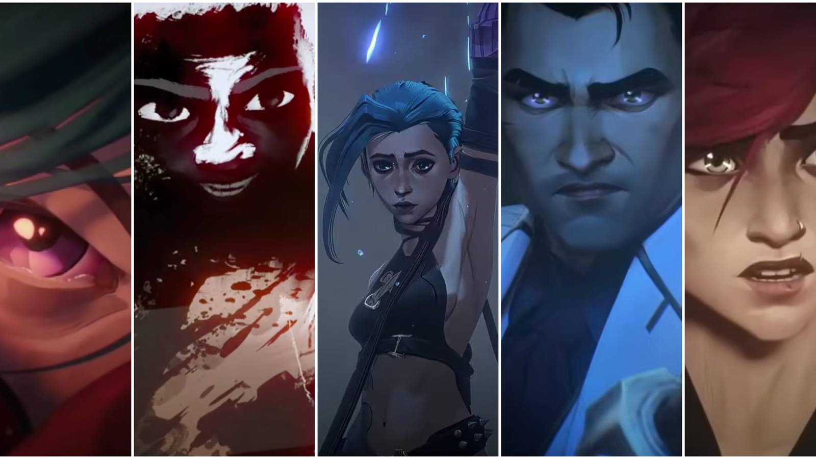 A collage of images of moments from season one of Arcane, featuring the character's Jinx, Vi, Ekko and Jayce