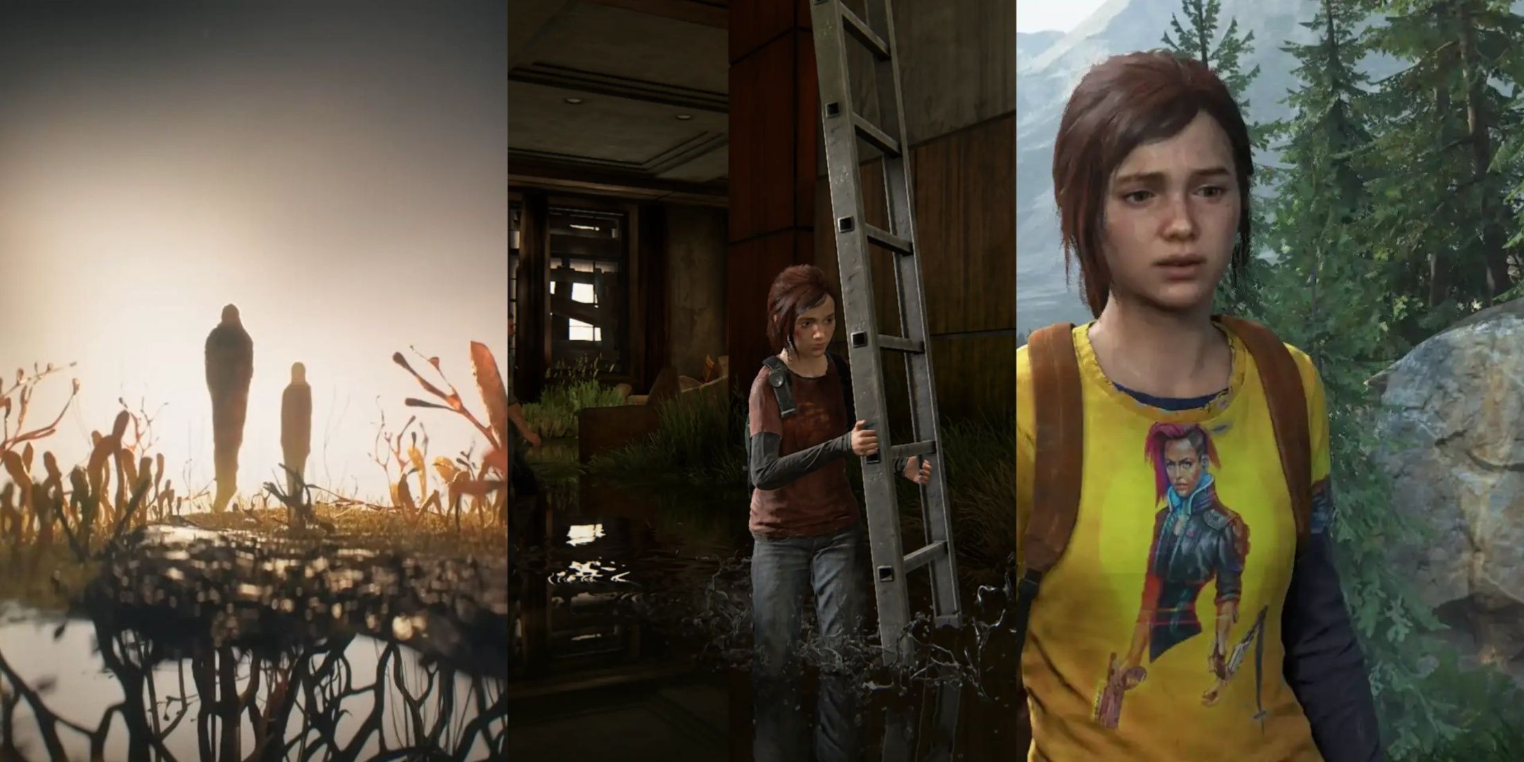 The Last Of Us HBO intro sequence, The Last Of Us: Part 1 ellie with ladder, The Last Of Us: Part 1 ellie in cyberpunk shirt mod