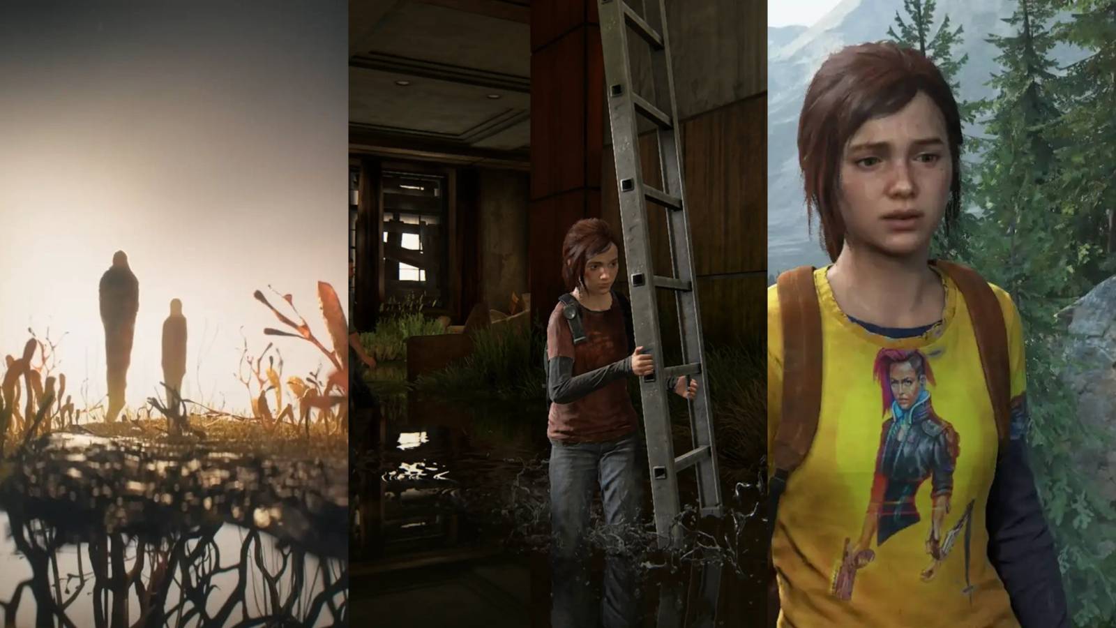 The Last Of Us HBO intro sequence, The Last Of Us: Part 1 ellie with ladder, The Last Of Us: Part 1 ellie in cyberpunk shirt mod