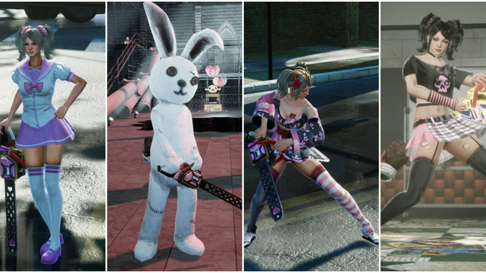 A collage of images of Juliet in the Sailor, Bunny, Kimono Dress and Band Girl costumes in Lollipop Chainsaw RePop