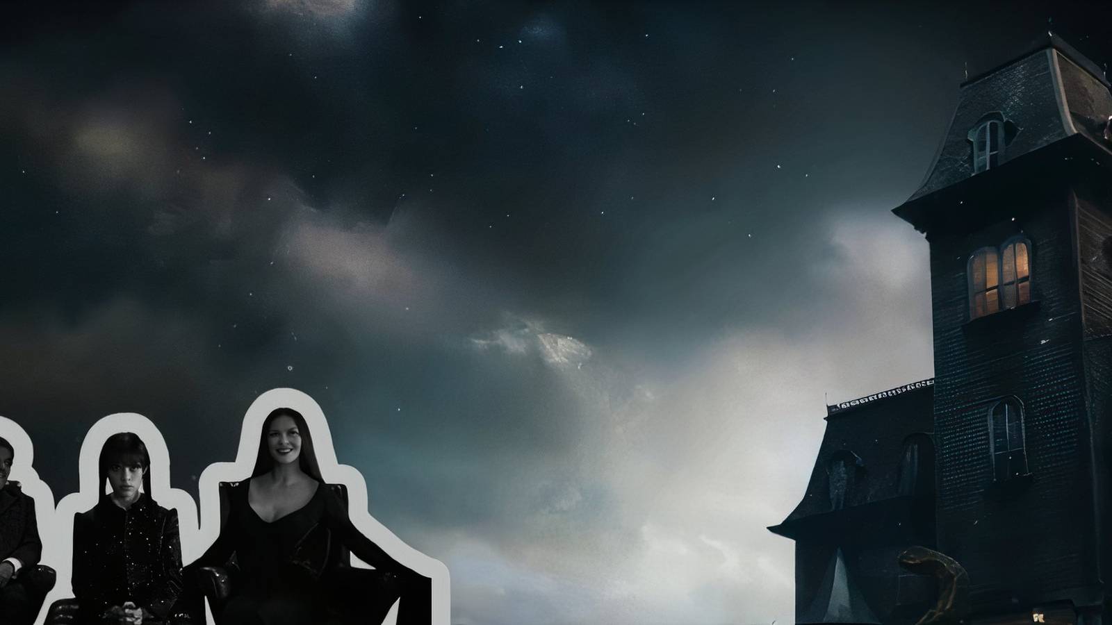 The Adamses and the Addams Family Mansion in Wednesday.