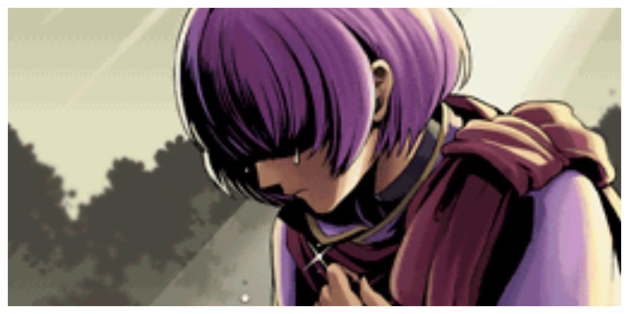 Katarina, a purple-haired robed sage, crying