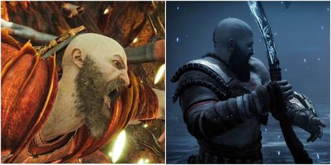 A split image of of Kratos in God of War Ragnarok