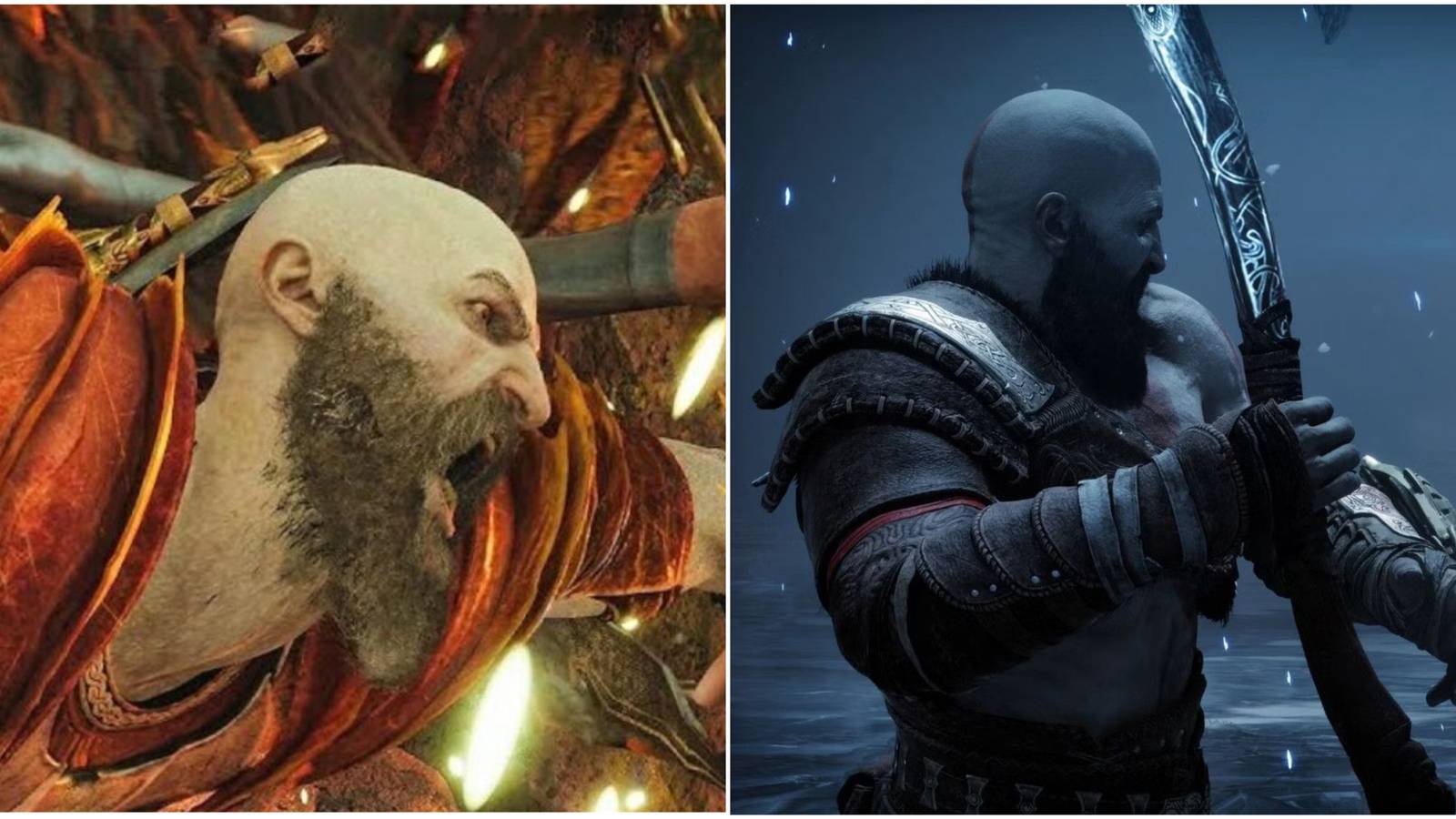 A split image of of Kratos in God of War Ragnarok