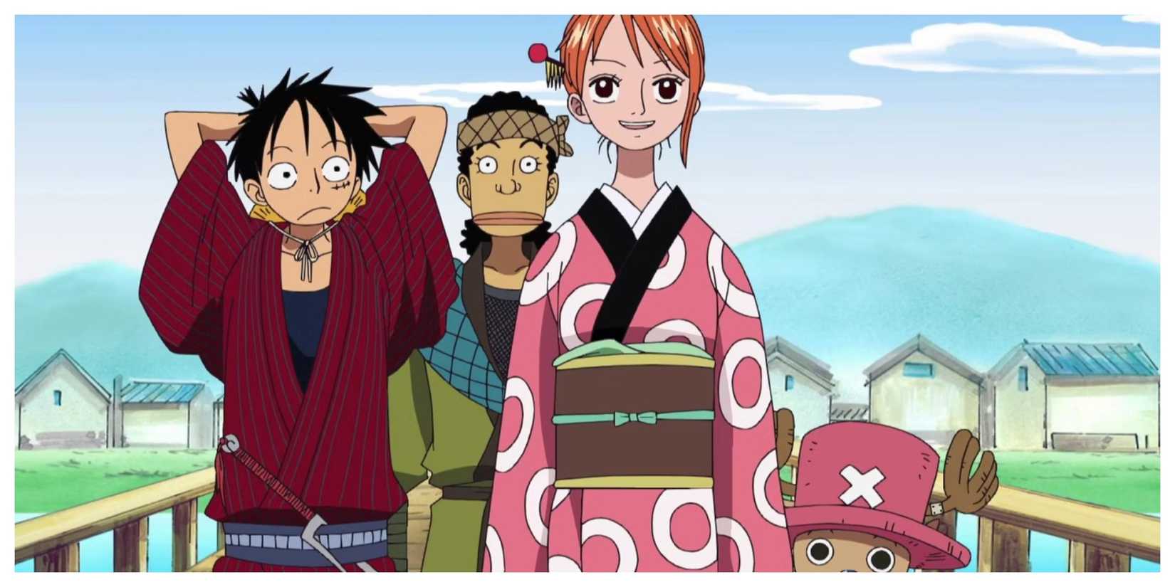 Luffy, Usopp, Nami, and Chopper, all living in an alternate 19th century japan