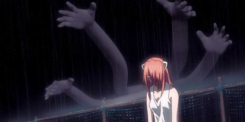 Lucy summons four invisible arms to rip her enemies apart in Elfen Lied. 
