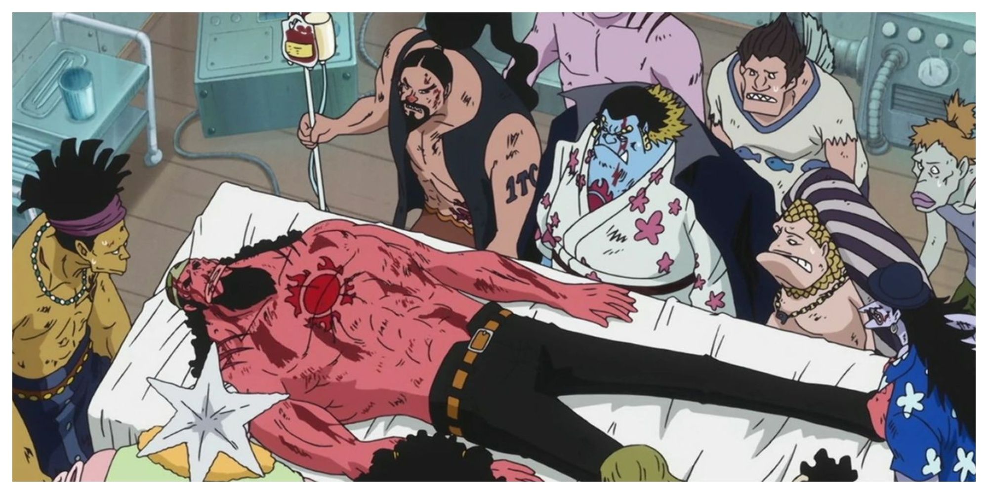 Macro, Aladine, Jimbei, Tansui, Arlong and others standing over the body of their former captain, Fisher Tiger in One Piece