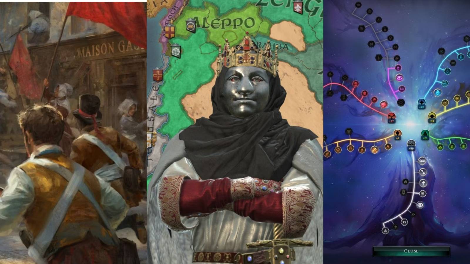 Victoria 3, Crusader Kings 3, Age of Wonders 4 collage