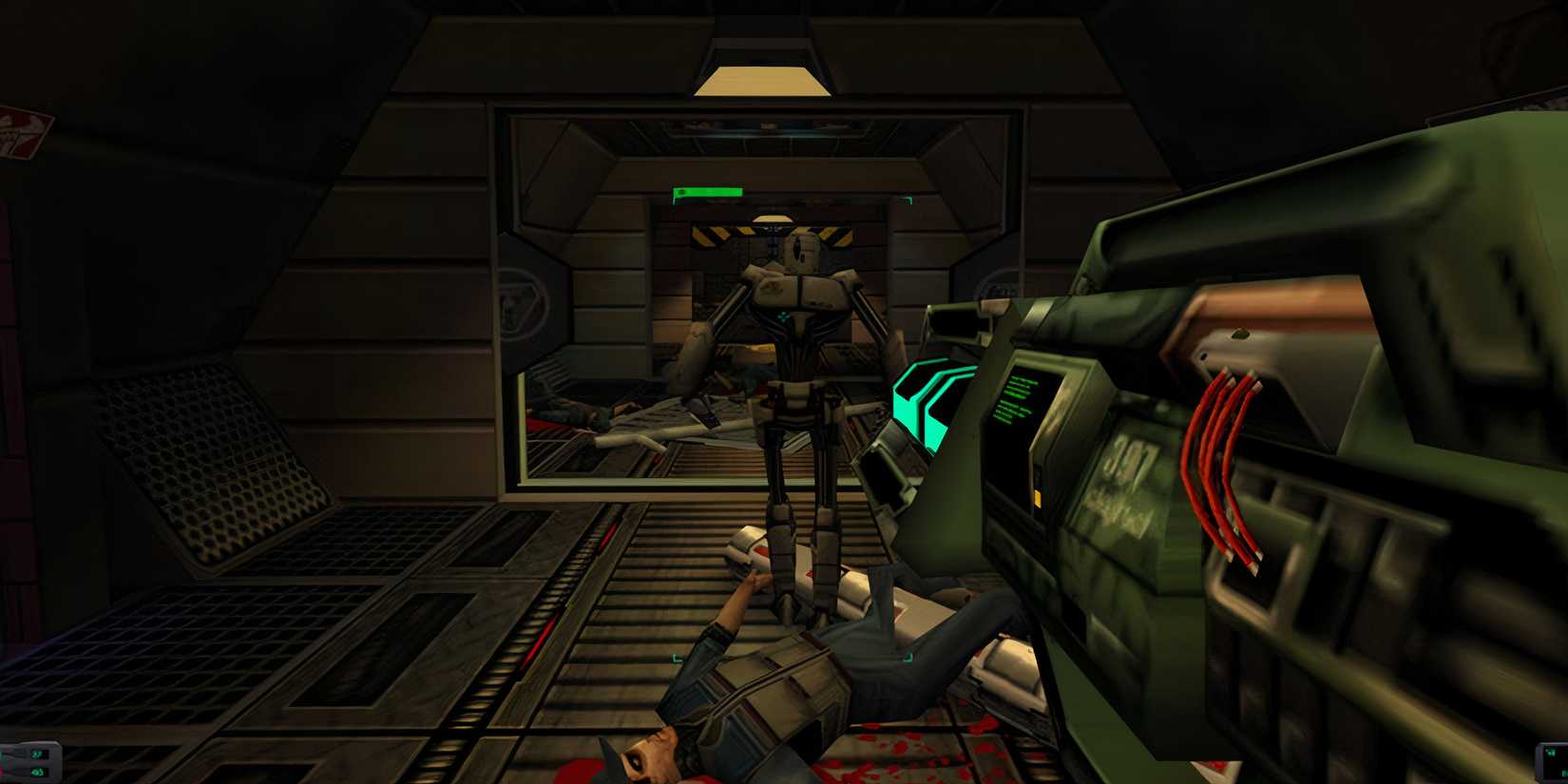 System Shock 2 player aiming weapon at robot enemy