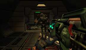 System Shock 2 player aiming weapon at robot enemy
