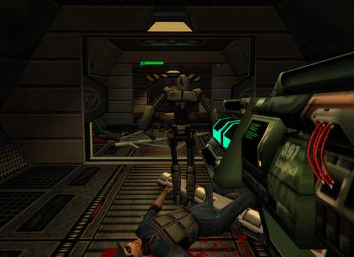 System Shock 2 player aiming weapon at robot enemy