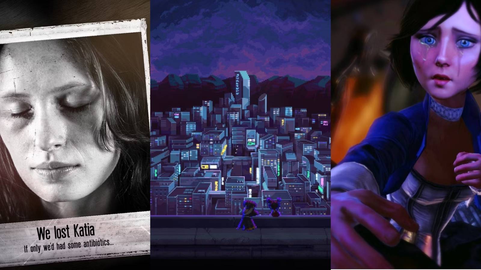 This War Of Mine, Katana Zero, Bioshock Infinite collage