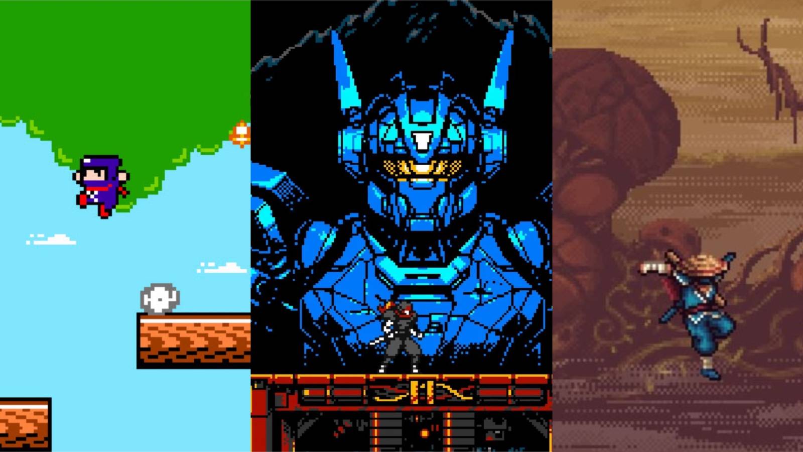 Retro ninja games L to R: Ninja Senki DX, Cyber Shadow, The Messenger