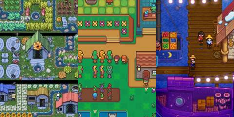 Rusty's Retirement farms, Littlewood cozy green farm with crops, Stardew Valley dock with festival