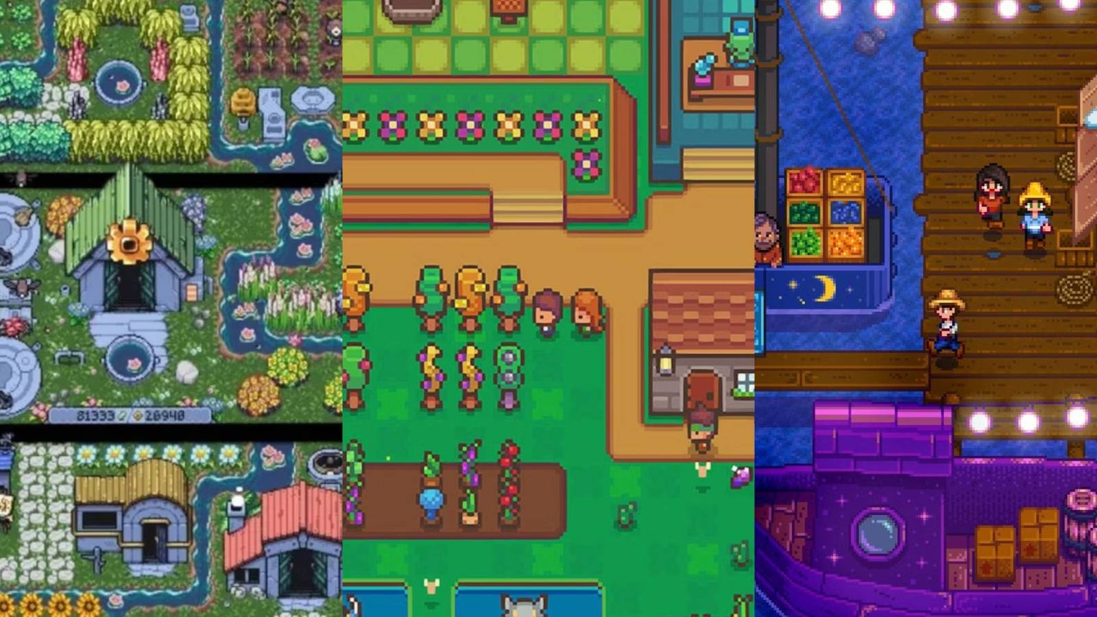 Rusty's Retirement farms, Littlewood cozy green farm with crops, Stardew Valley dock with festival