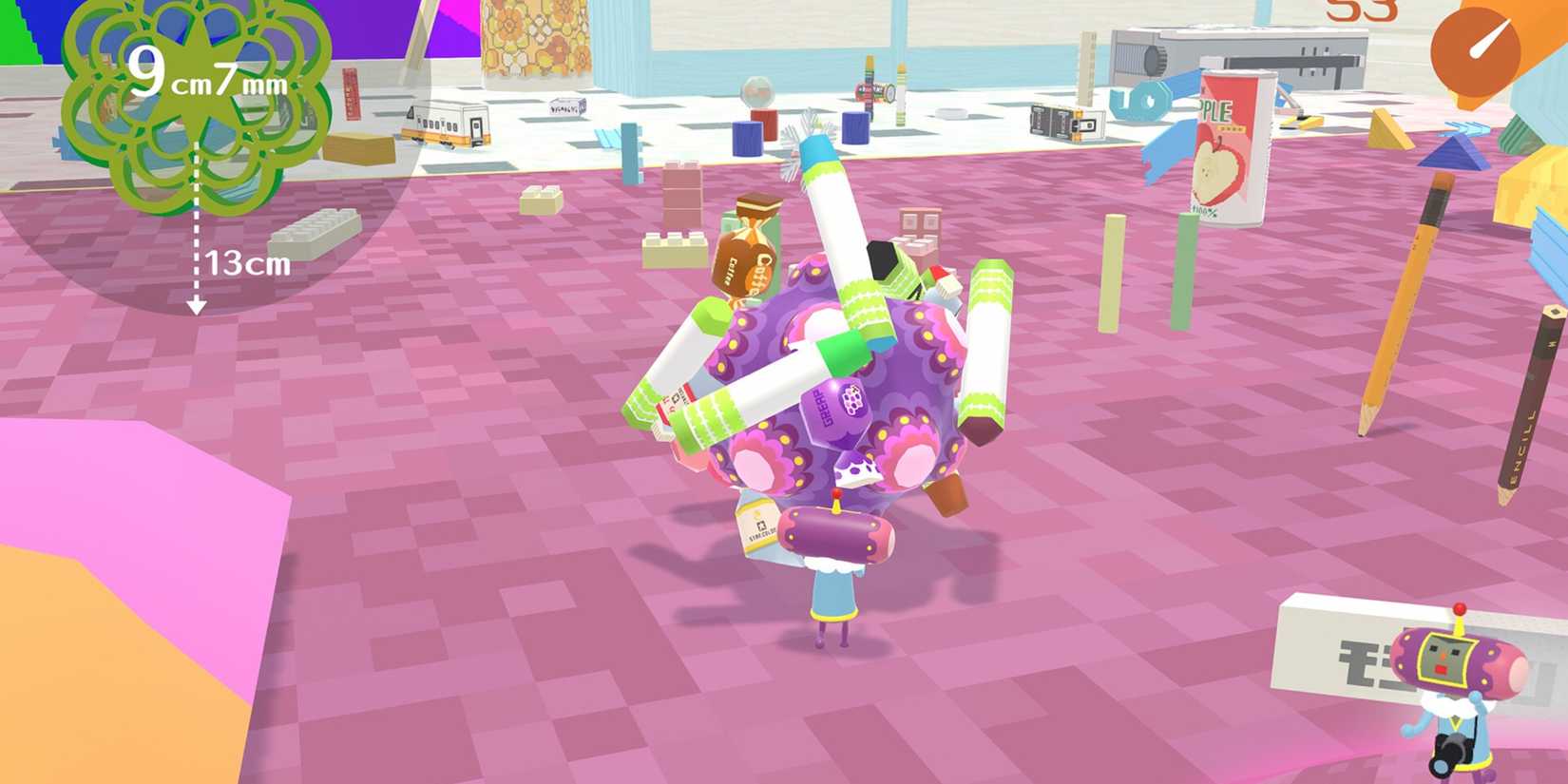 we love katamari - katamari damacy - a pink environment with a huge ball of objects rolled up