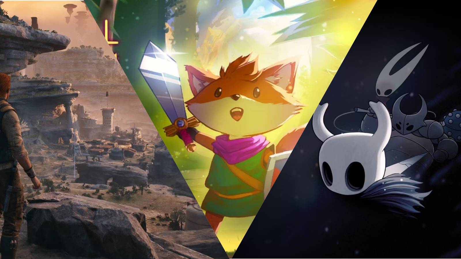 3 Way Image Of Tunic, Star Wars: Jedi Survivor, Hollow Knight