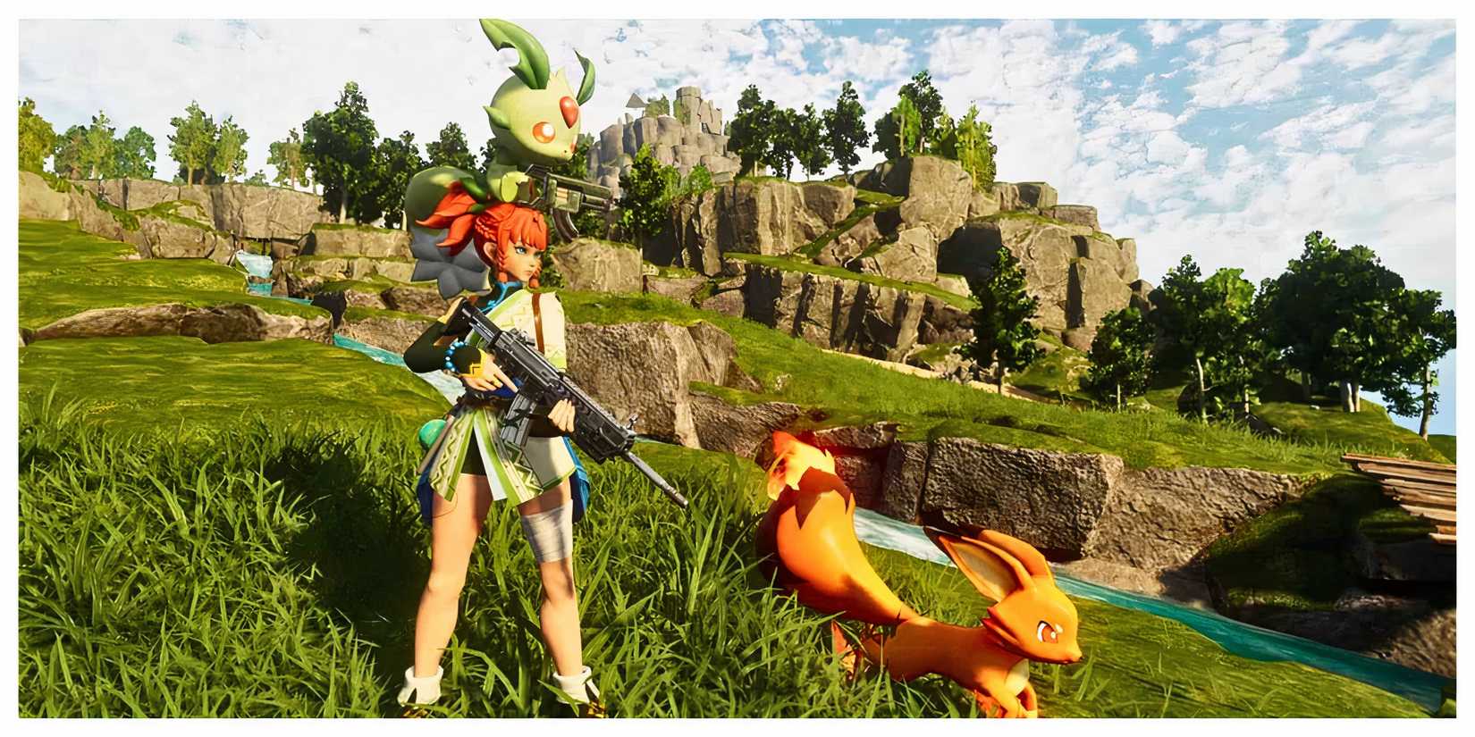 Palworld character with monsters and guns
