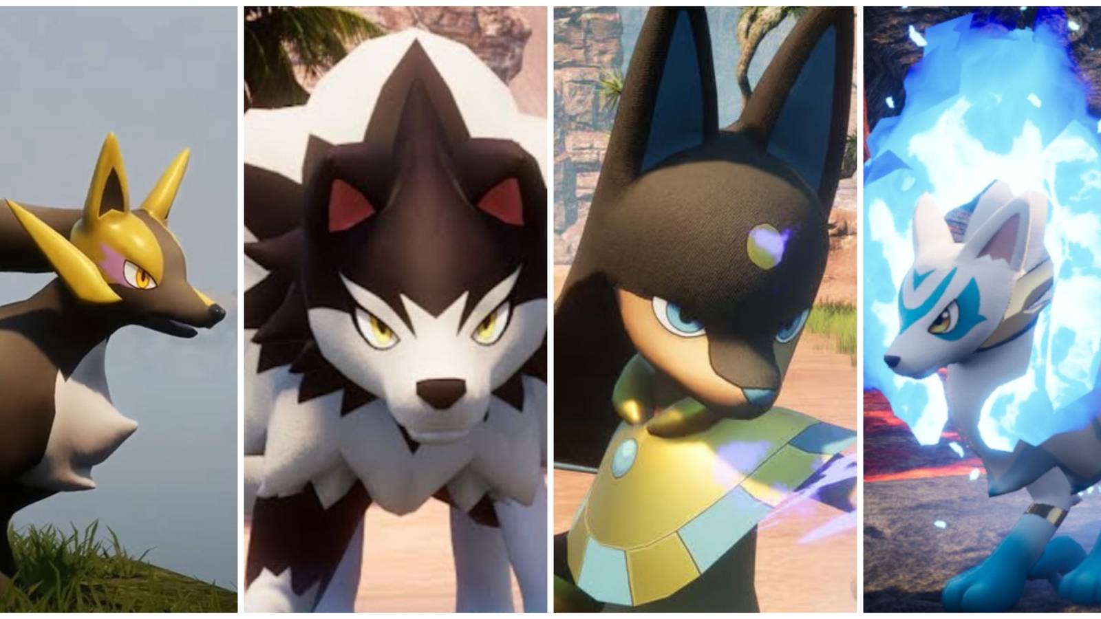 A collage of the dog like Pals Rayhound, Direhowl, Anubis and Kitsun from Palworld