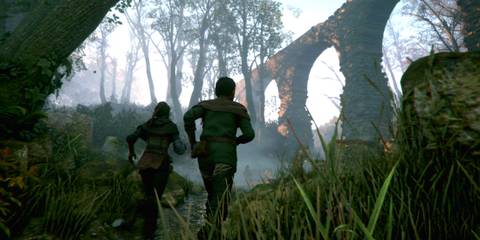 a plague tale innocence - two children run toward a bridge