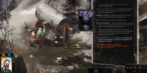 disco elysium - a desolate scene with two men speaking and a dialogue box to the right