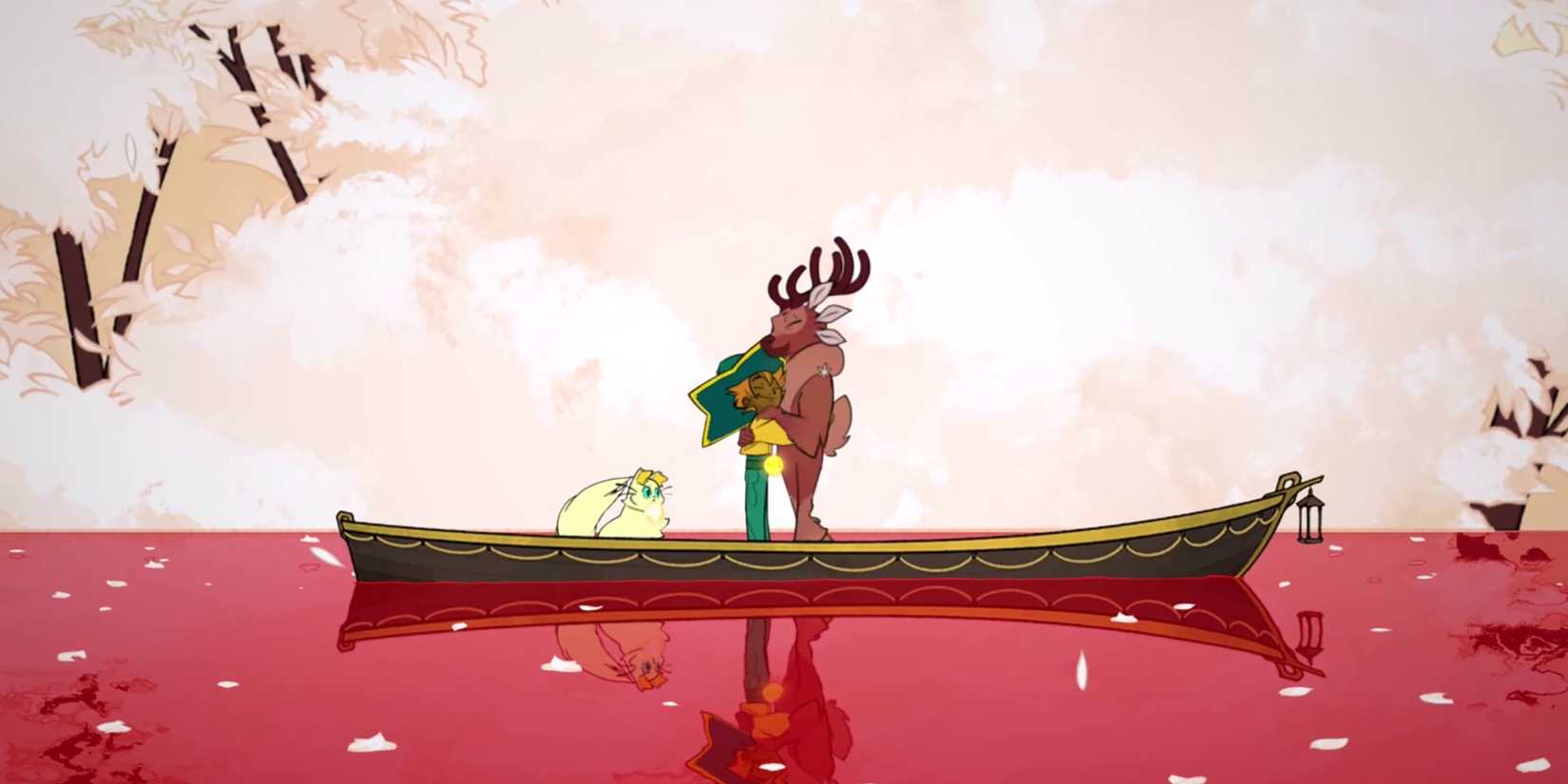 Stella and Daffodil on a boat with a deer embracing