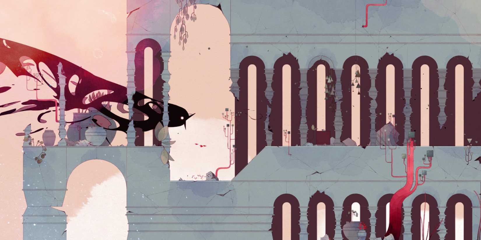 a watercolor style image of a blue building and huge black bird