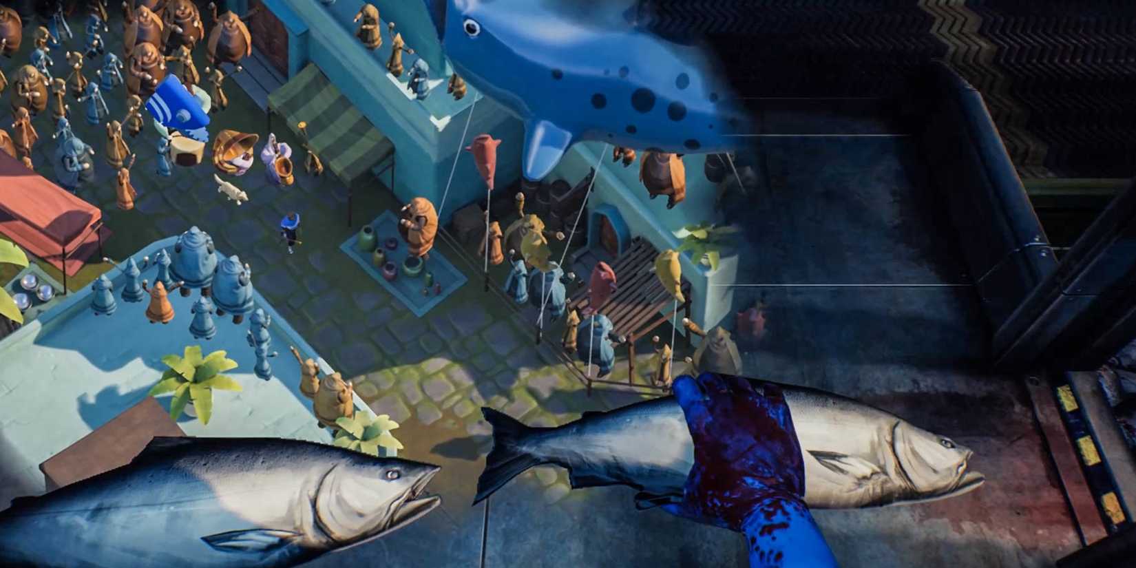 a top-down view of a market overlaid with a man processing fish