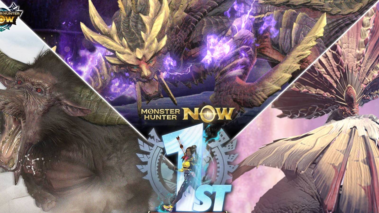 Monster Hunter Now 1st Anniversary Quests Rewards: Rajang, Magnamalo, and Aknosom surround a logo for the first anniversary of Monster Hunter Now.