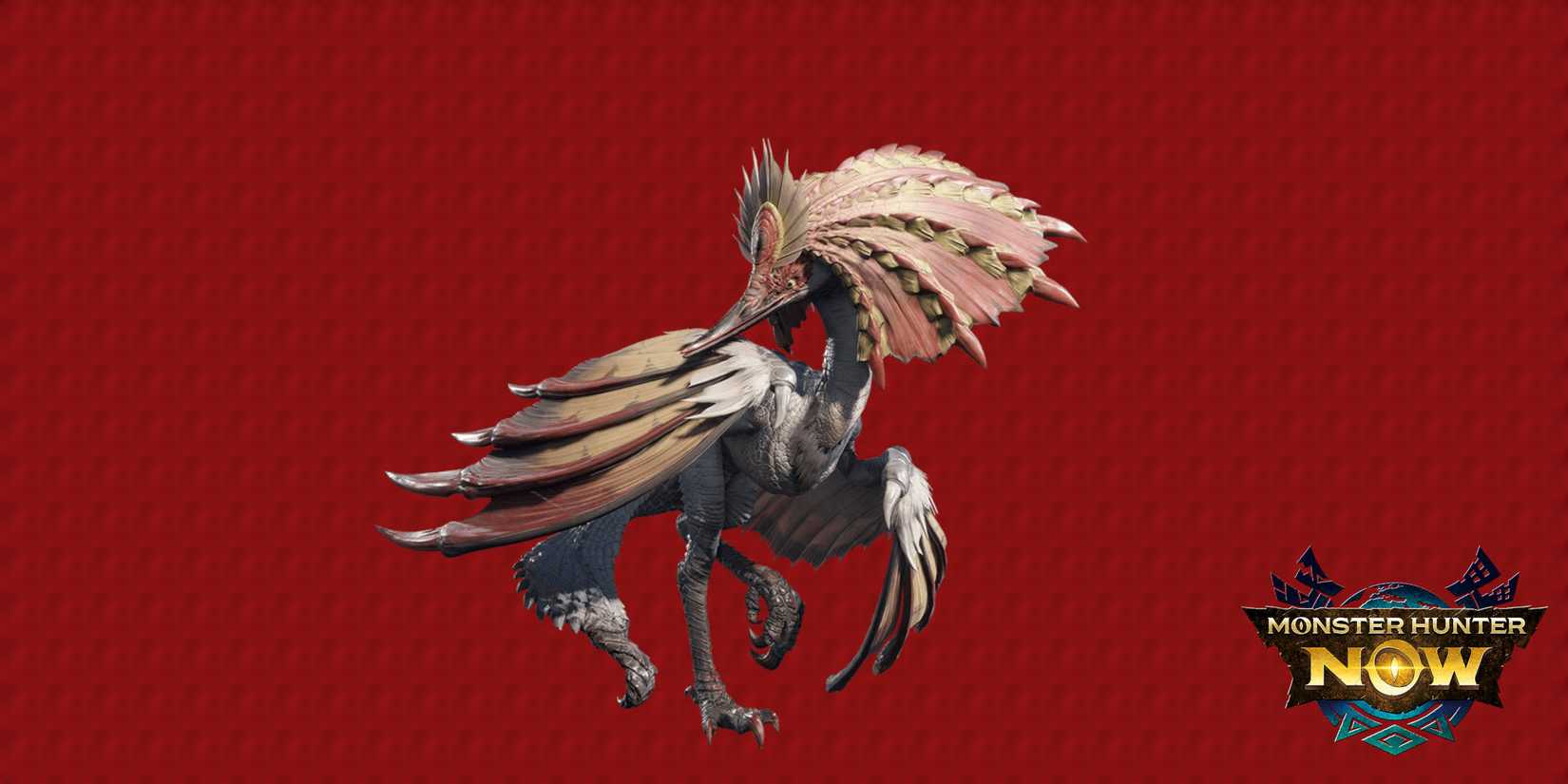 Monster Hunter Now Aknosom: a monster resembling a crane bird on a red background.