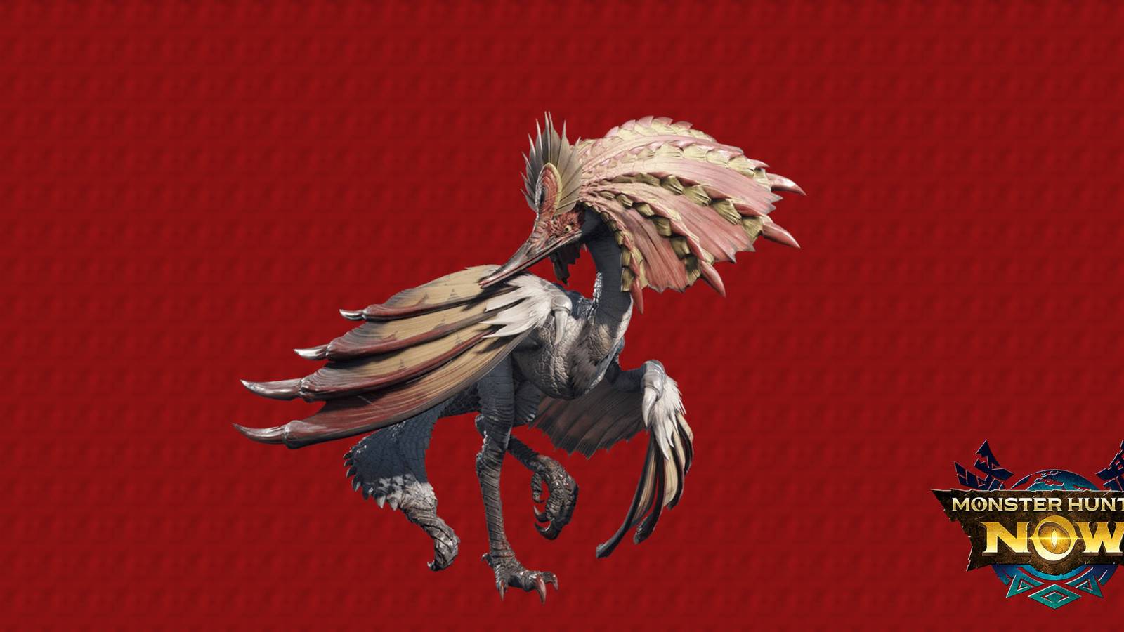 Monster Hunter Now Aknosom: a monster resembling a crane bird on a red background.