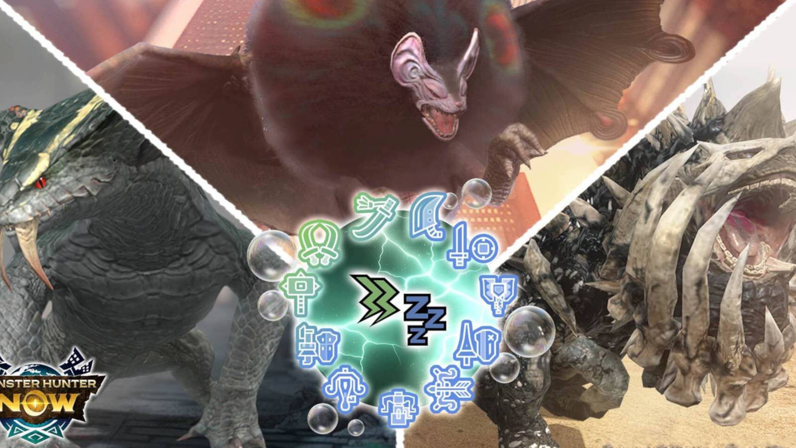 Monster Hunter Now Paralysis/Sleep Event quests rewards: Great Girros, Nightmare Paolumu, and Radobaan in a segmented image with both the sleep and paralysis icons in the center surrounded by weapon icons.