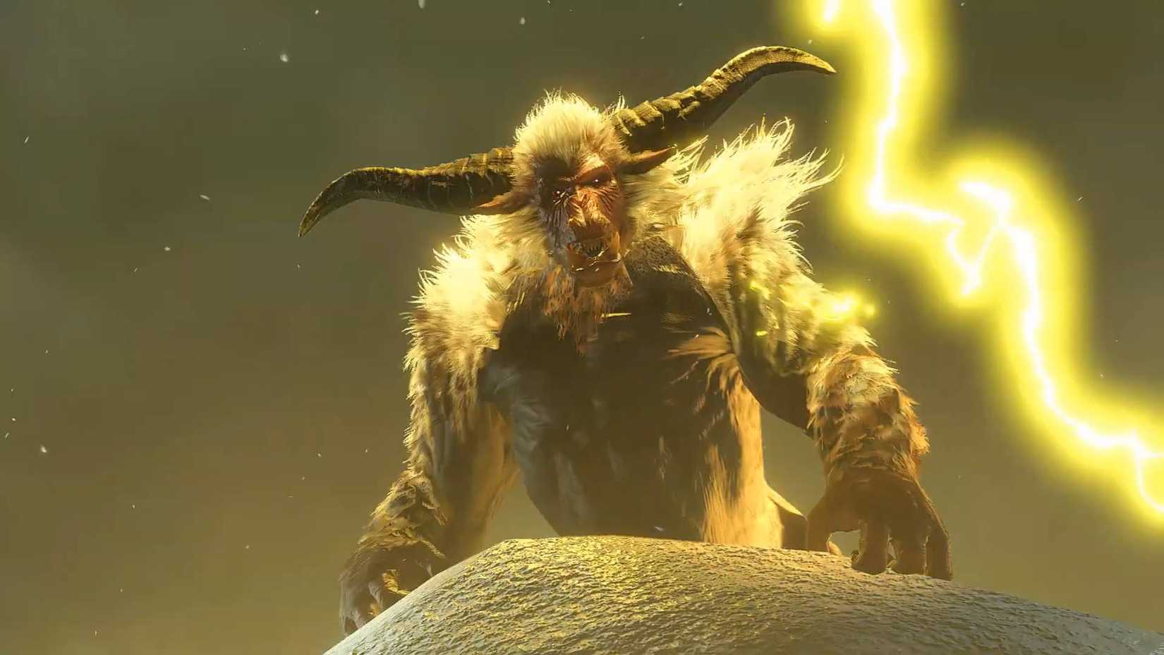 Monster Hunter Now Rajang: A Rajang in Rampage Mode, as lightning strikes the side.