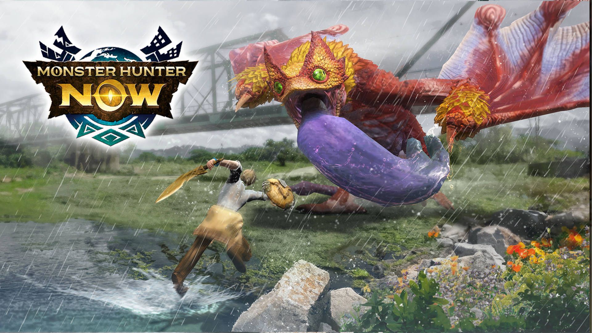 Monster Hunter Now Season 3 Story Quests: A Coral Pukei-Pukei is attacking a hunter near a lake.