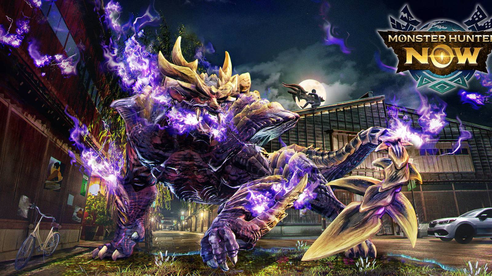 Monster Hunter Now Season 3 Story Quests: a Magnamalo is attacking a village of wooden houses.