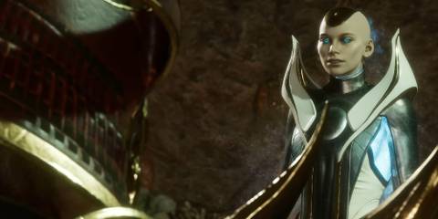 Kronika speaking with Shao Kahn in Mortal Kombat 11