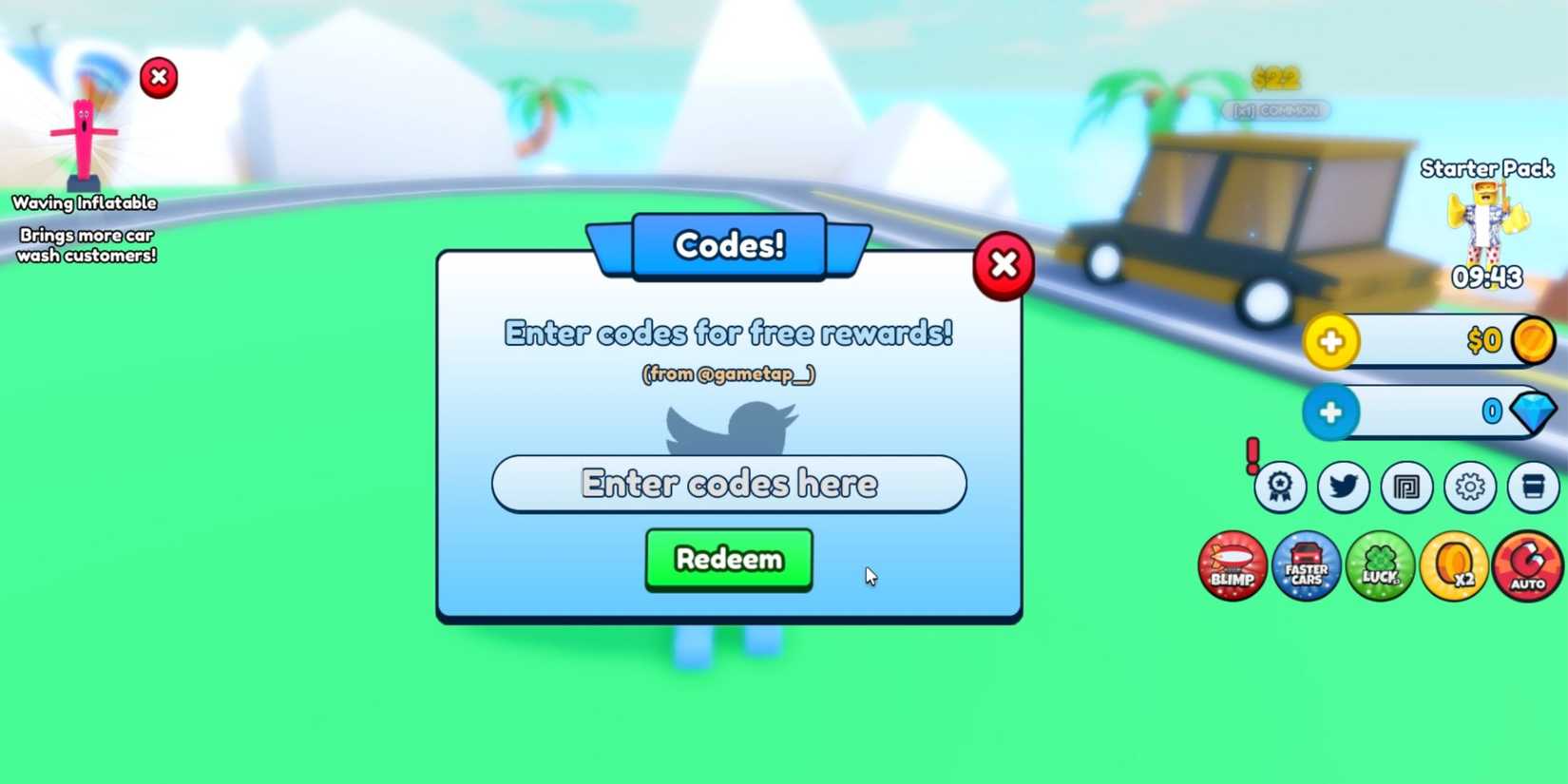 My Car Wash the codes tab