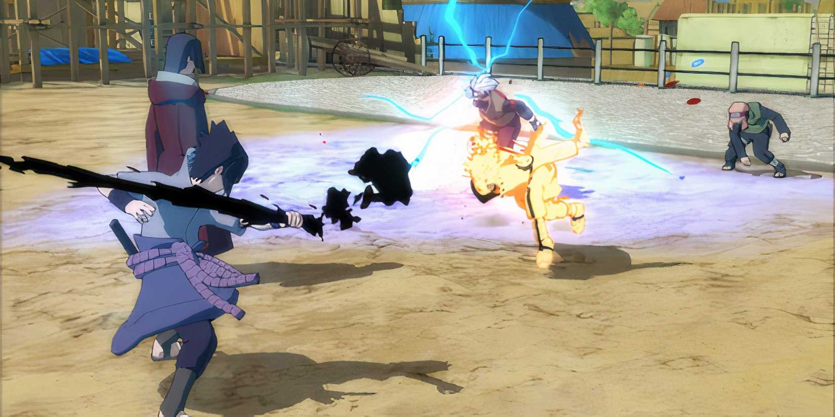 Naruto and sasuke fighting in the game with itachi and kakashi in their teams respectively