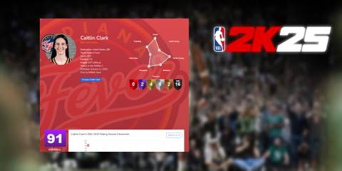 The NBA 2K25 rating for Caitlin Clark set against a blurred key visual for NBA 2K25.
