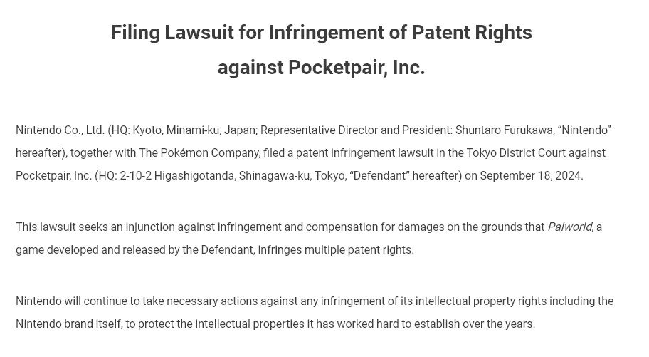 Nintendo подает в суд на разработчика Palworld Pocketpair