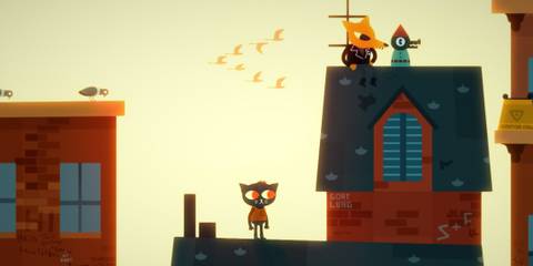 Mae standing on a rooftop with Greg sitting on another roof above her in Night in the Woods