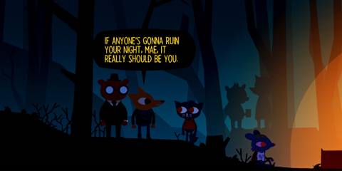 Angus, Greg, and Mae talking outside at a party in Night in the Woods
