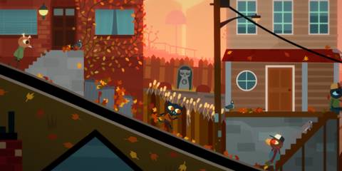 Mae running down the street with leaves flowing behind her