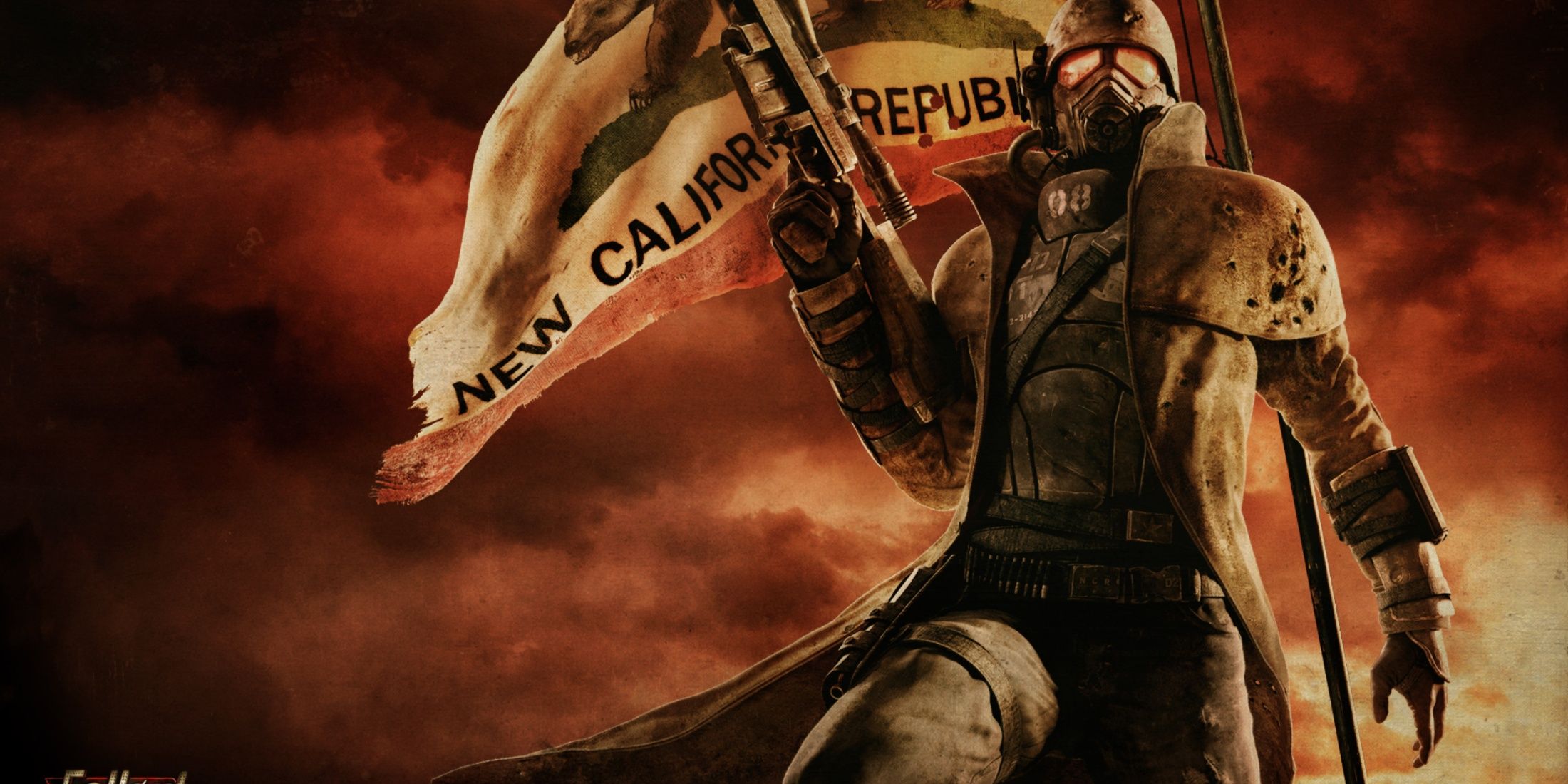 Fallout: New Vegas capa do NCR Ranger na frente de uma bandeira do NCR.