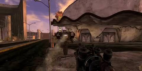 fallout: new vegas - the courier shooting at a robot