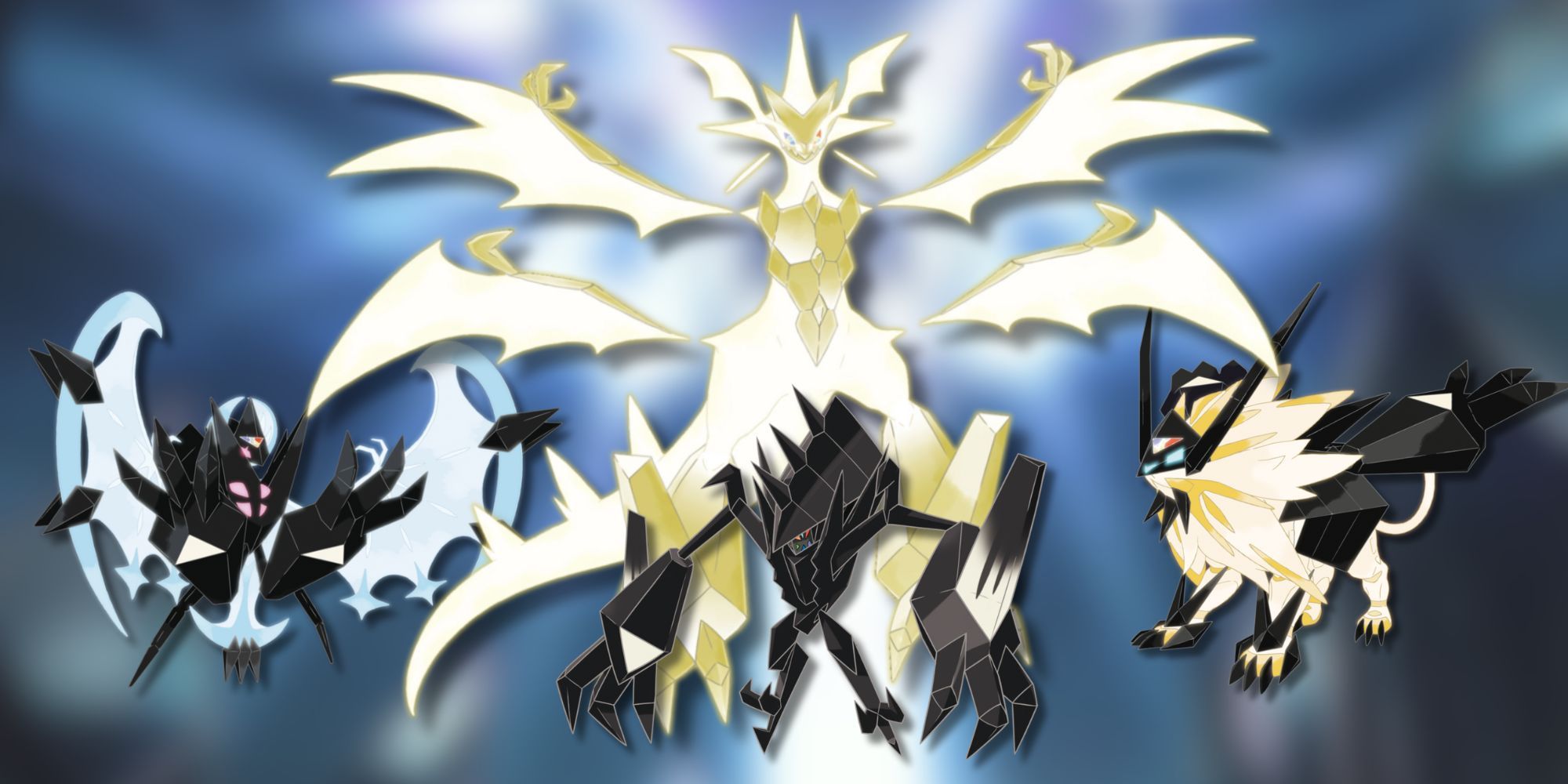 Pokemon Ultra Sun and Ultra Moon - Official artwork of Necrozma, Duskmane Necrozma, Dawnwings Necrozma, and Ultra Necrozma.