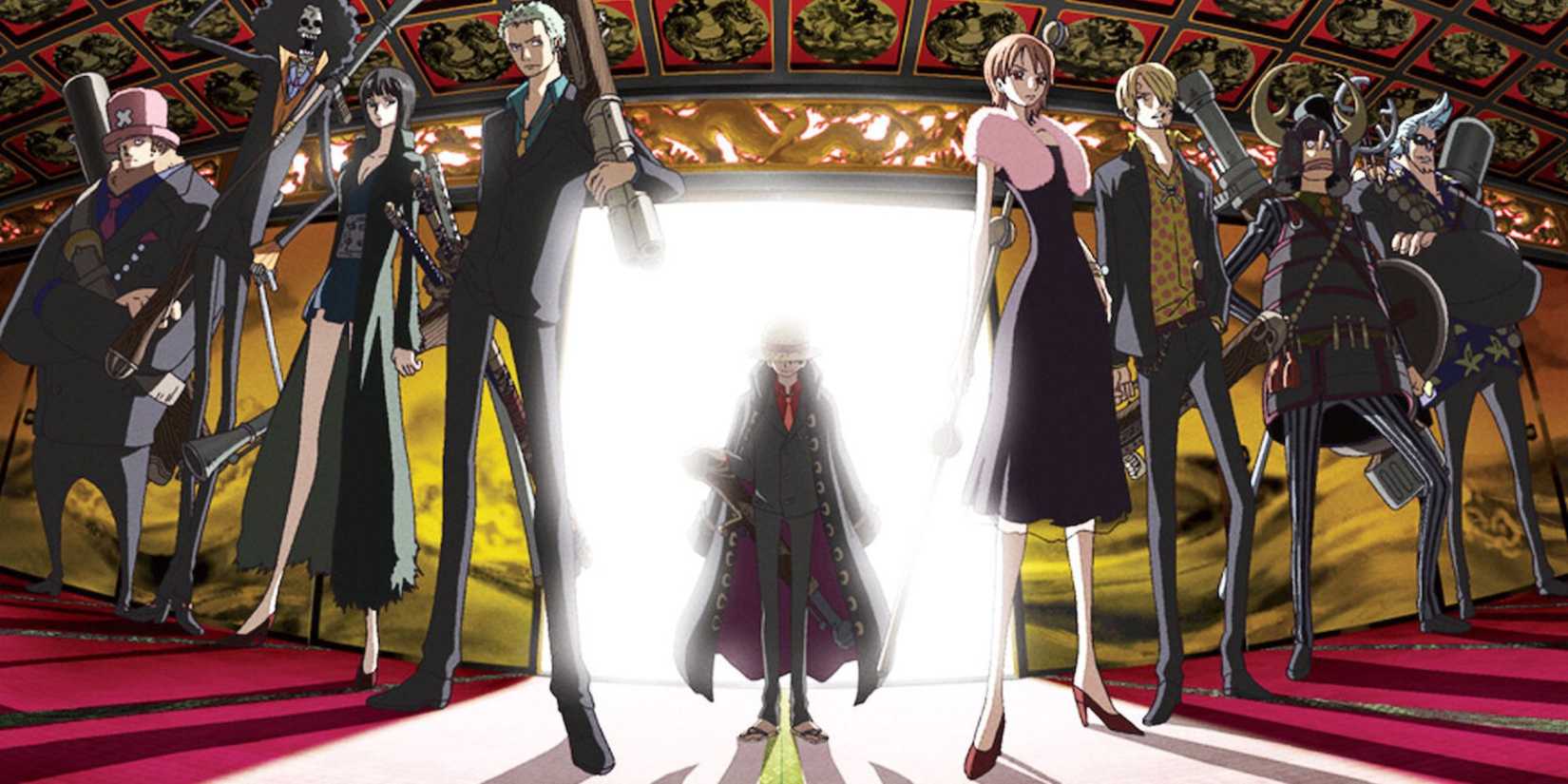 Official promotional art of the Straw Hat Pirates crashing Shiki's party.