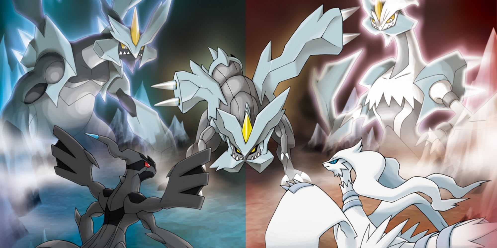 Pokemon Black 2 and White 2 - Official promotional art of Zekrom, Reshiram, Kyurem, Black Kyurem and White Kyurem.